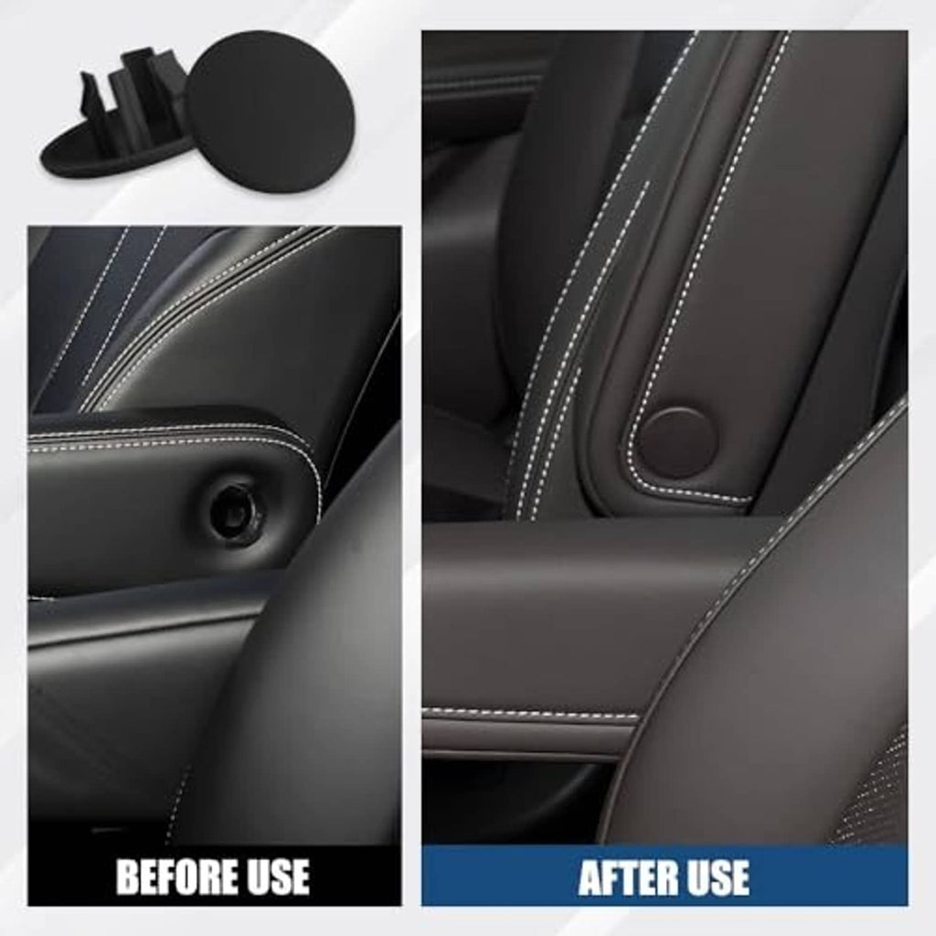 Black armrest cap cover on stitched leather-style console, round button pad