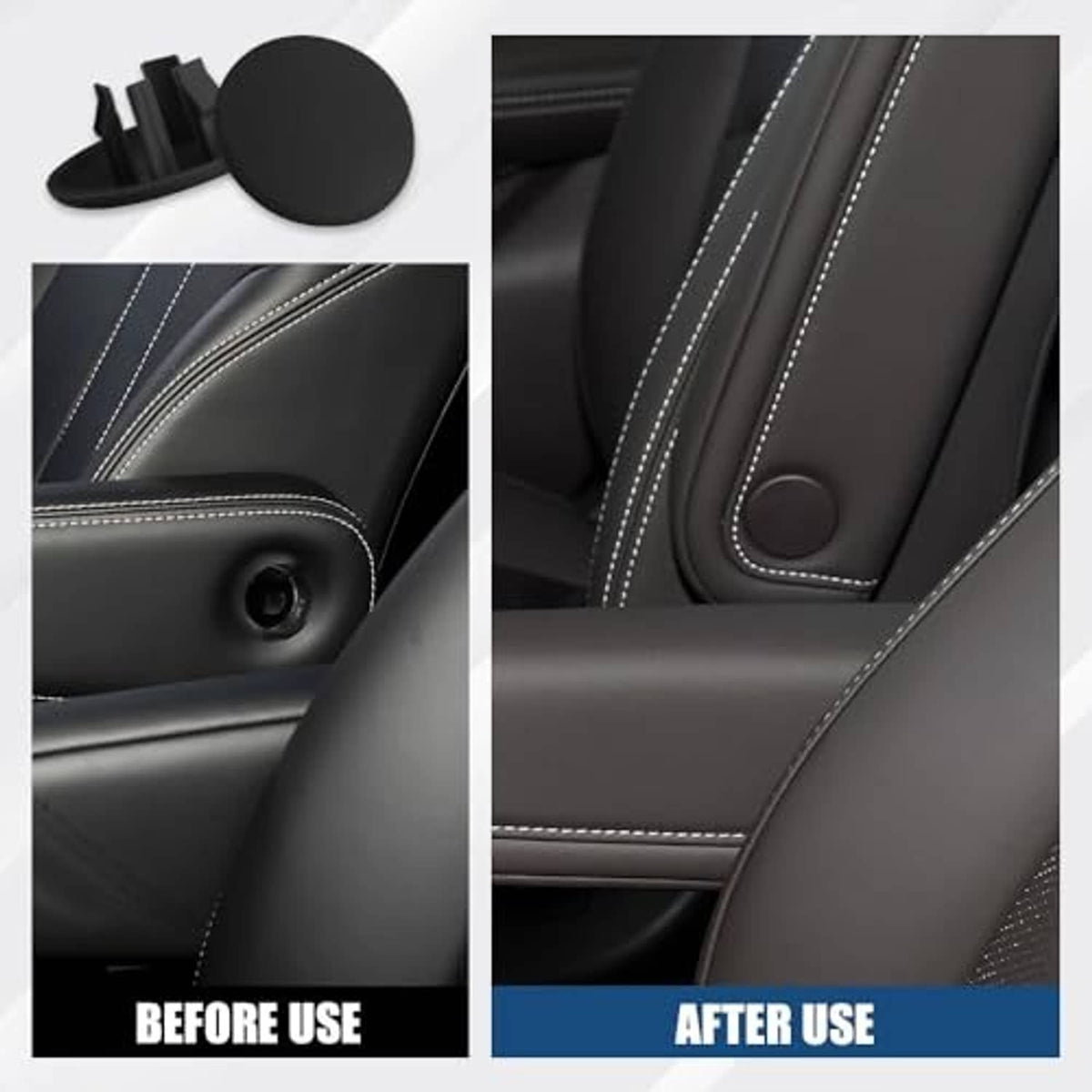 Black armrest cap cover on stitched leather-style console, round button pad
