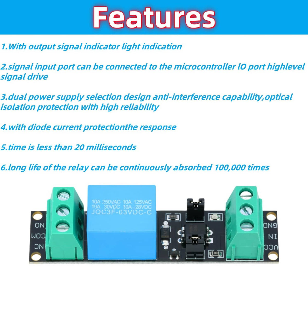 Relay module PCB with blue relay and green terminal blocks, status indicator light