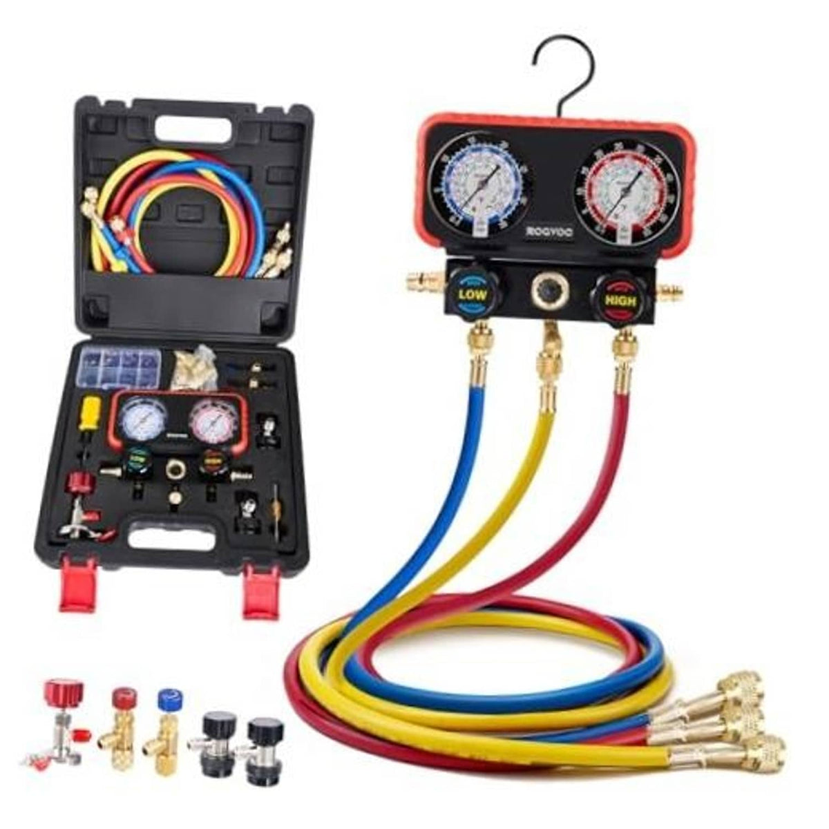 HVAC manifold gauge set with dual gauges and red, blue, yellow hoses