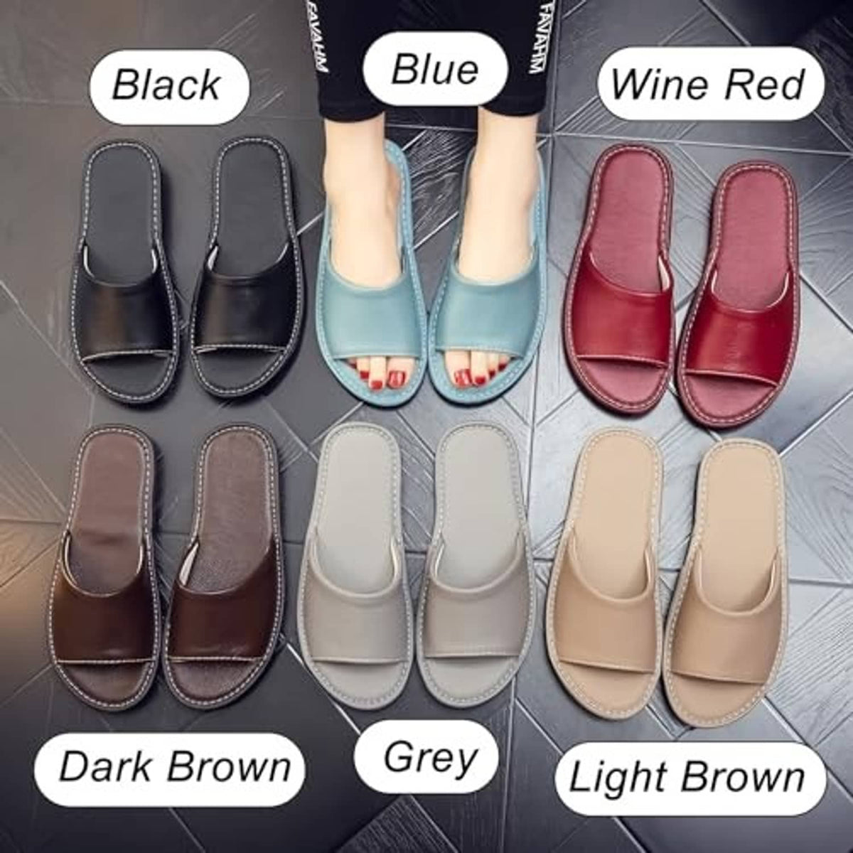Multi-color leather slide sandals lineup: black, blue, wine red, brown, grey, light brown.