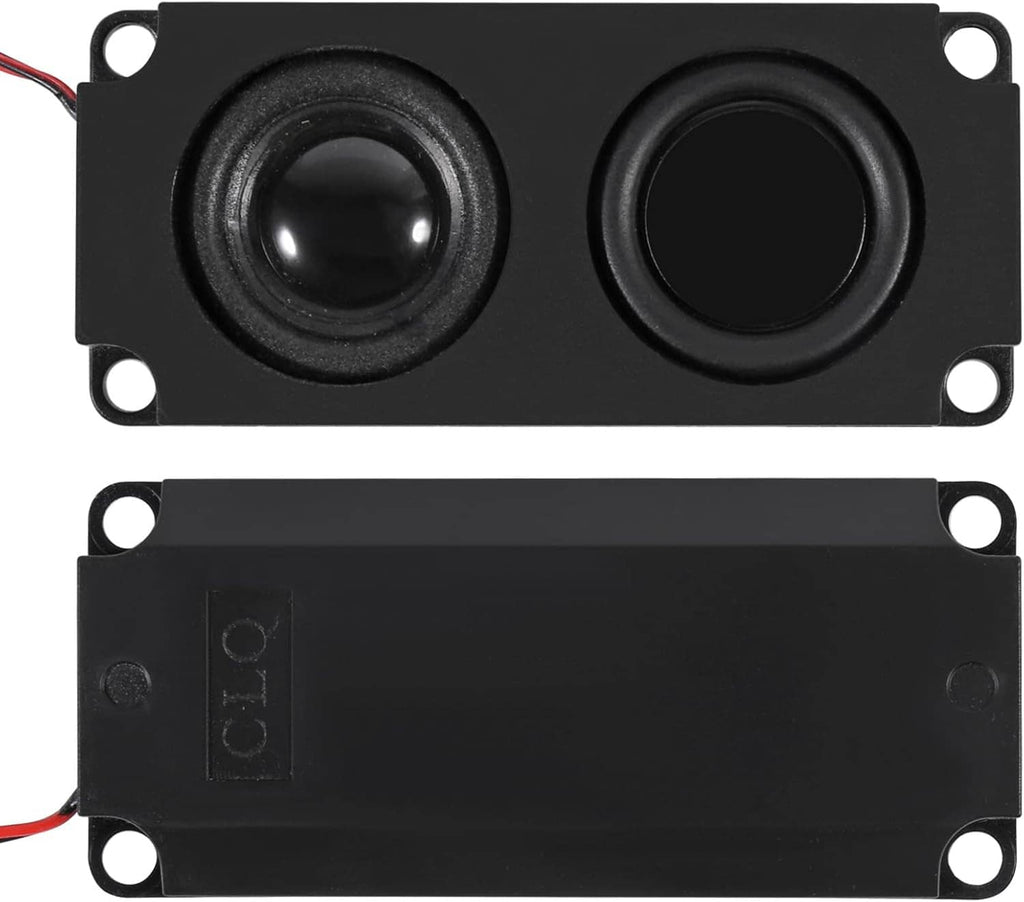 Pair of black mini speaker modules, showing front woofers and rear mounting frame