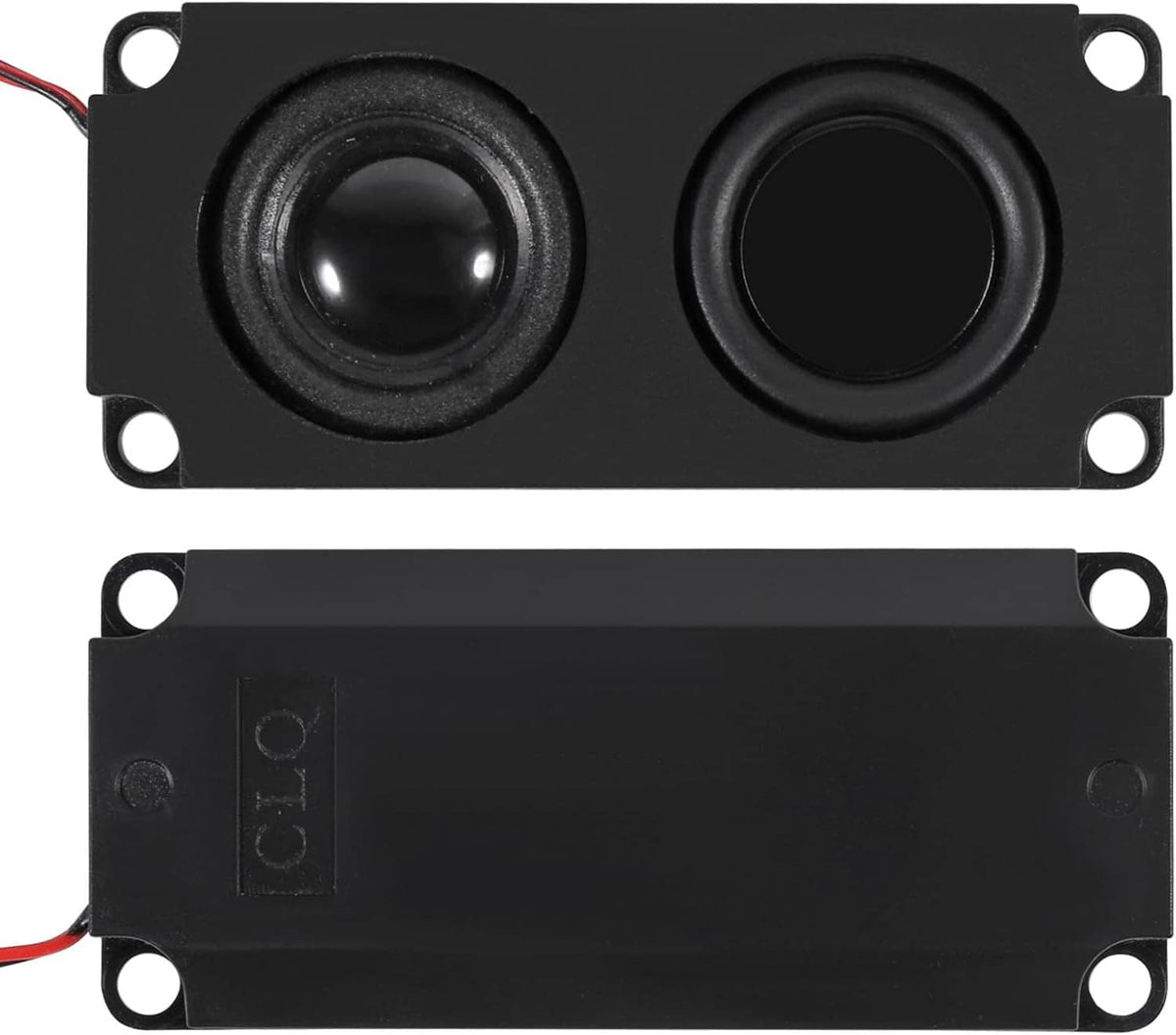 Pair of black mini speaker modules, showing front woofers and rear mounting frame
