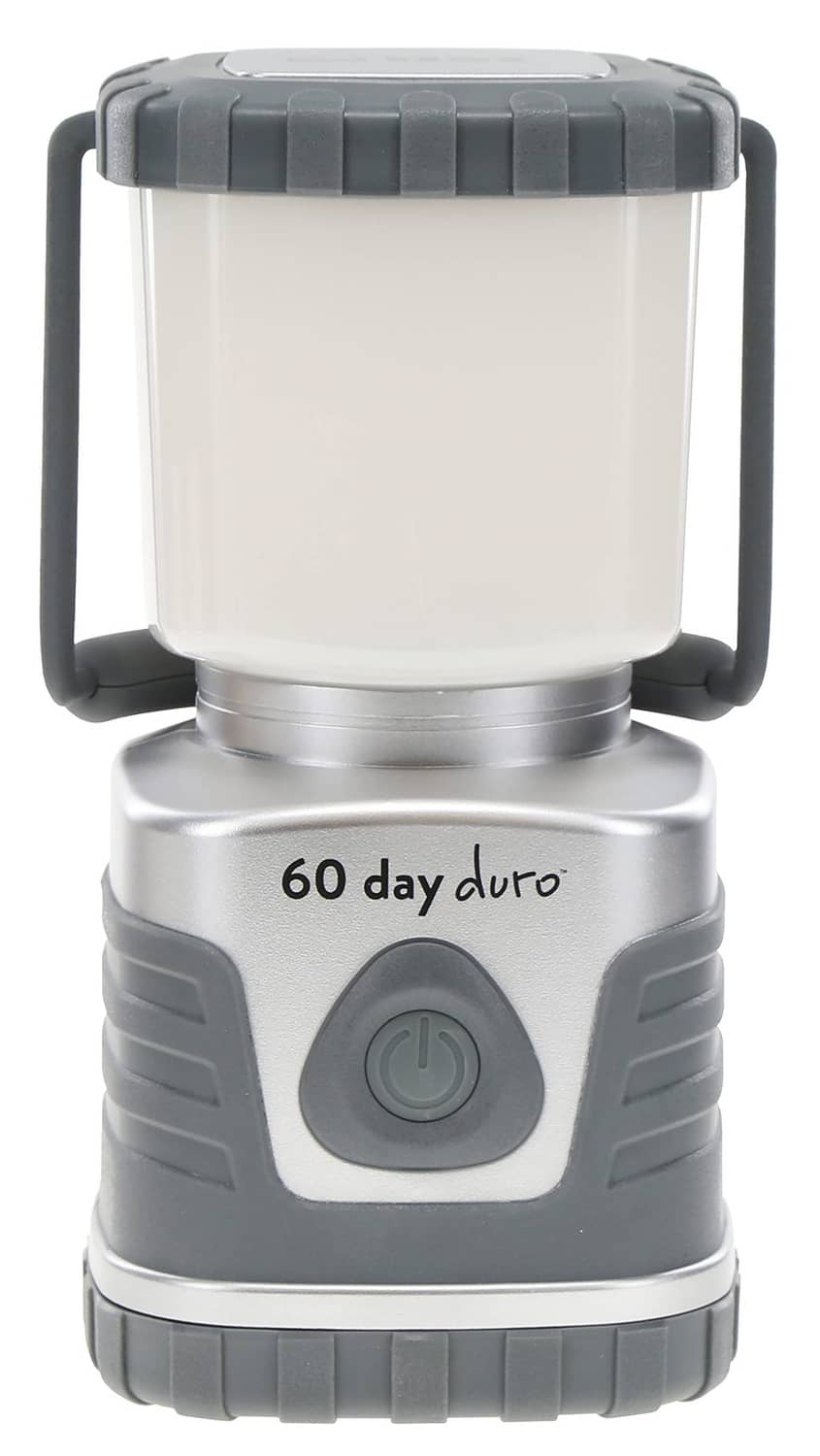 Portable LED lantern with white light housing, gray ribbed sides, and power button