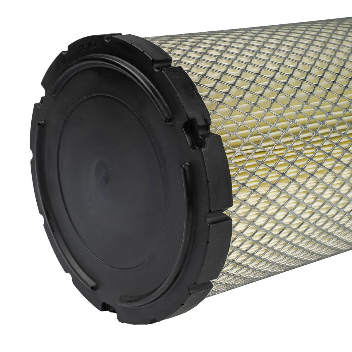 Close-up of cylindrical air filter with black end housing and pleated mesh element