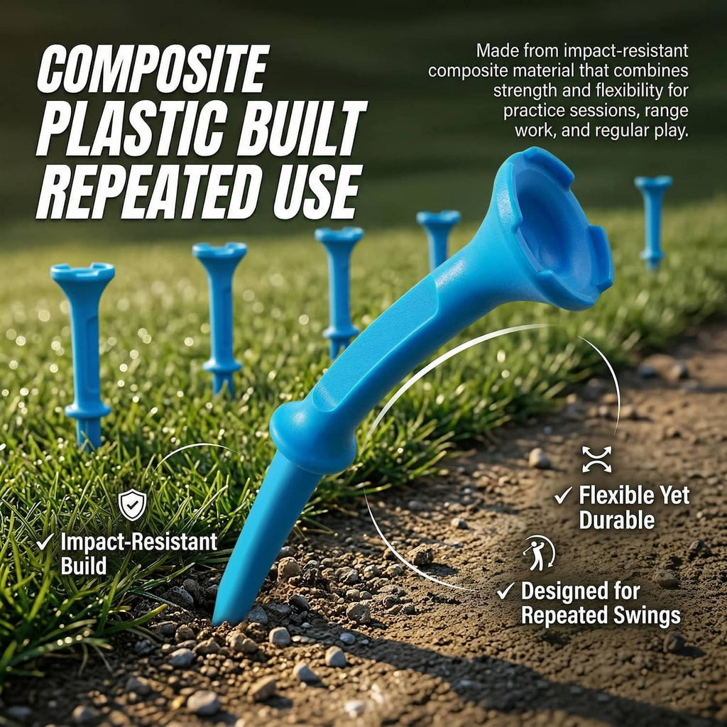 Blue stepped golf tee with 4-prong head and integrated stop ring, reusable