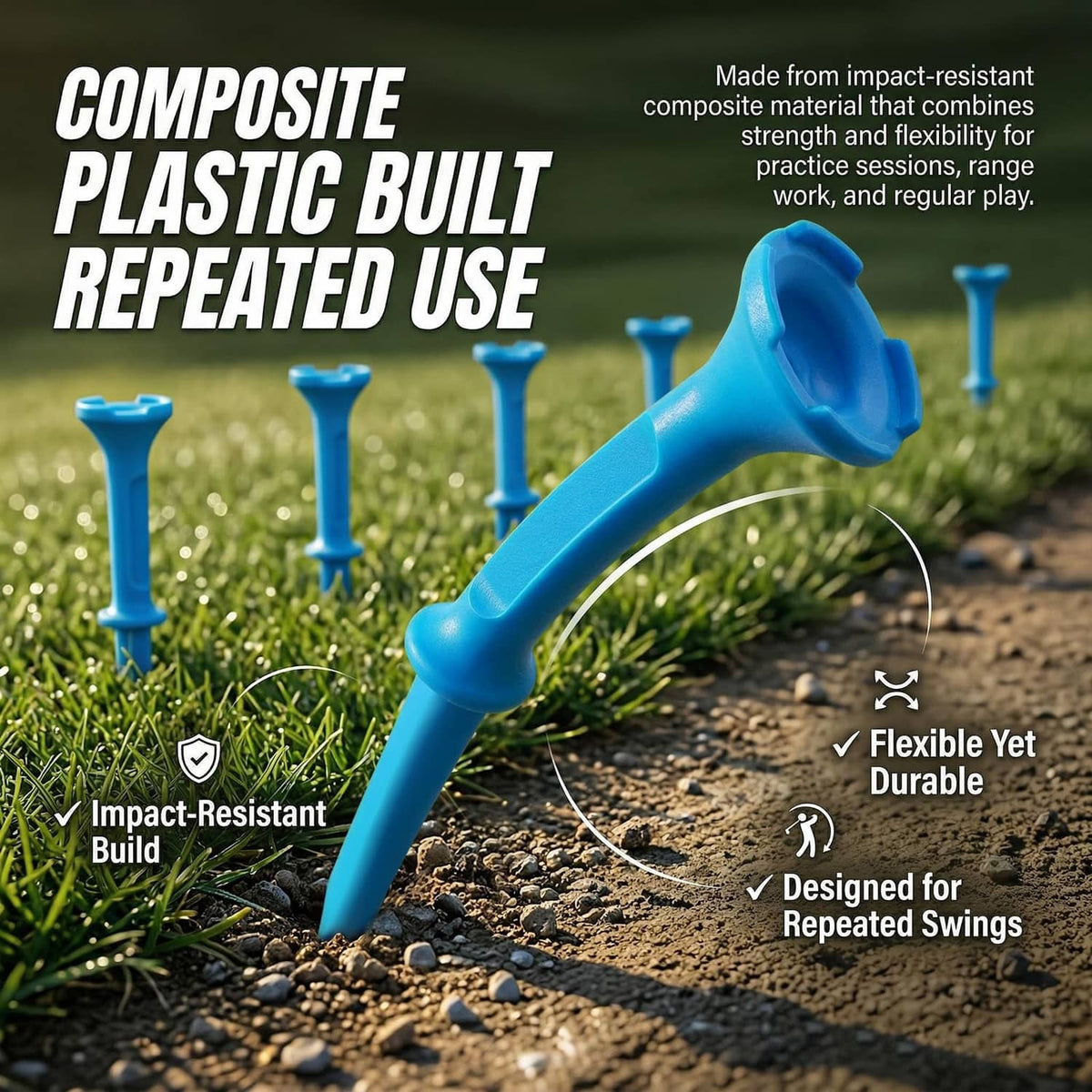 Blue stepped golf tee with 4-prong head and integrated stop ring, reusable