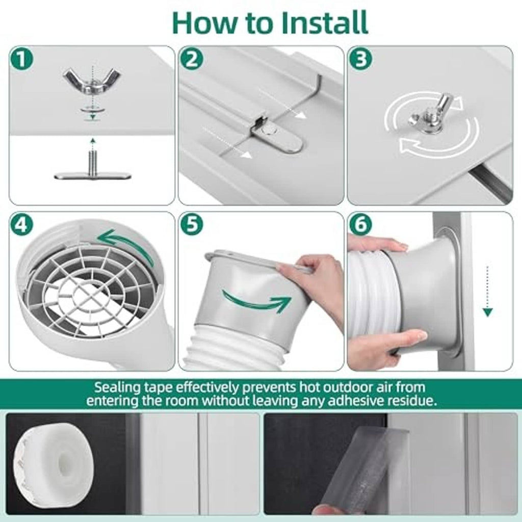 Portable air conditioner window kit installation steps showing hose connection and sealing