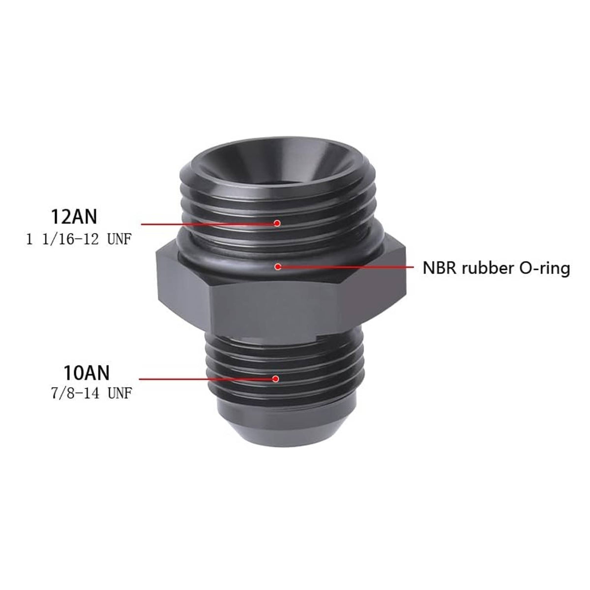 Black ORB AN adapter fitting showing NBR rubber O-ring on male thread
