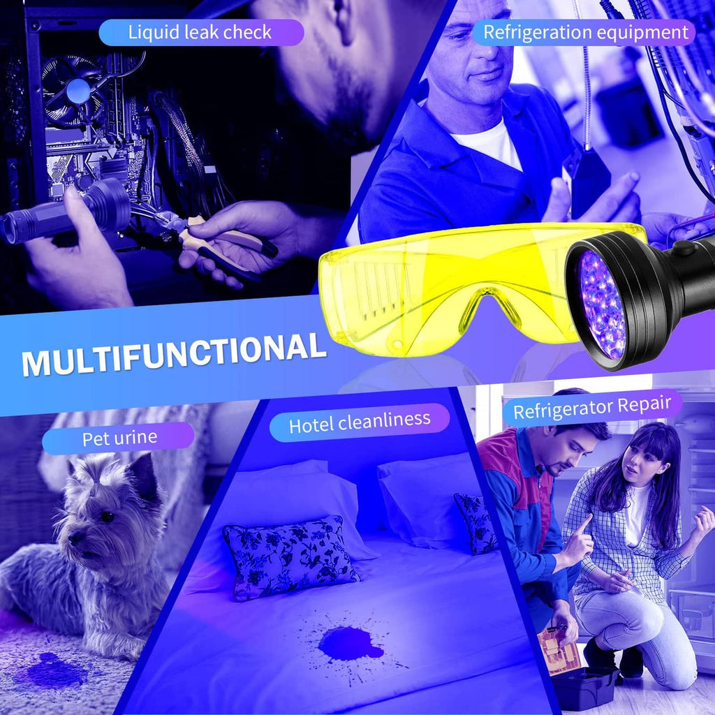 Yellow UV glasses with black handheld leak detector LED light