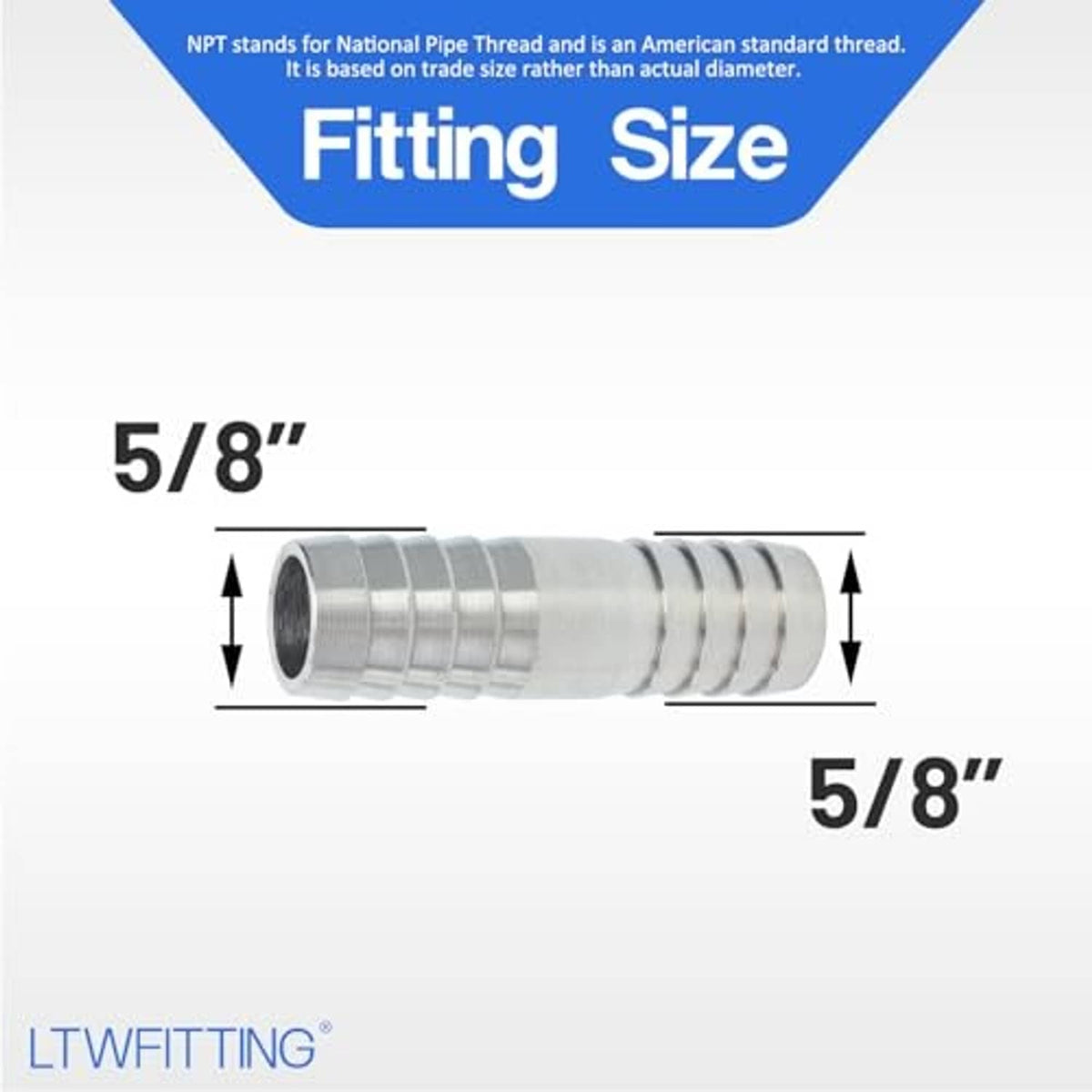 Barbed hose splicer mender fitting, 5/8 in size shown with length marks