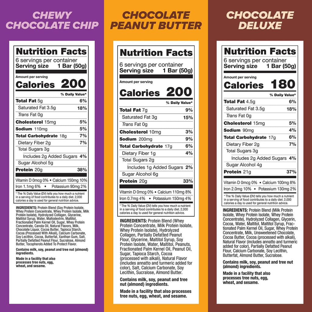 Protein bar nutrition facts panels for chewy chocolate chip, chocolate peanut butter, and chocolate deluxe