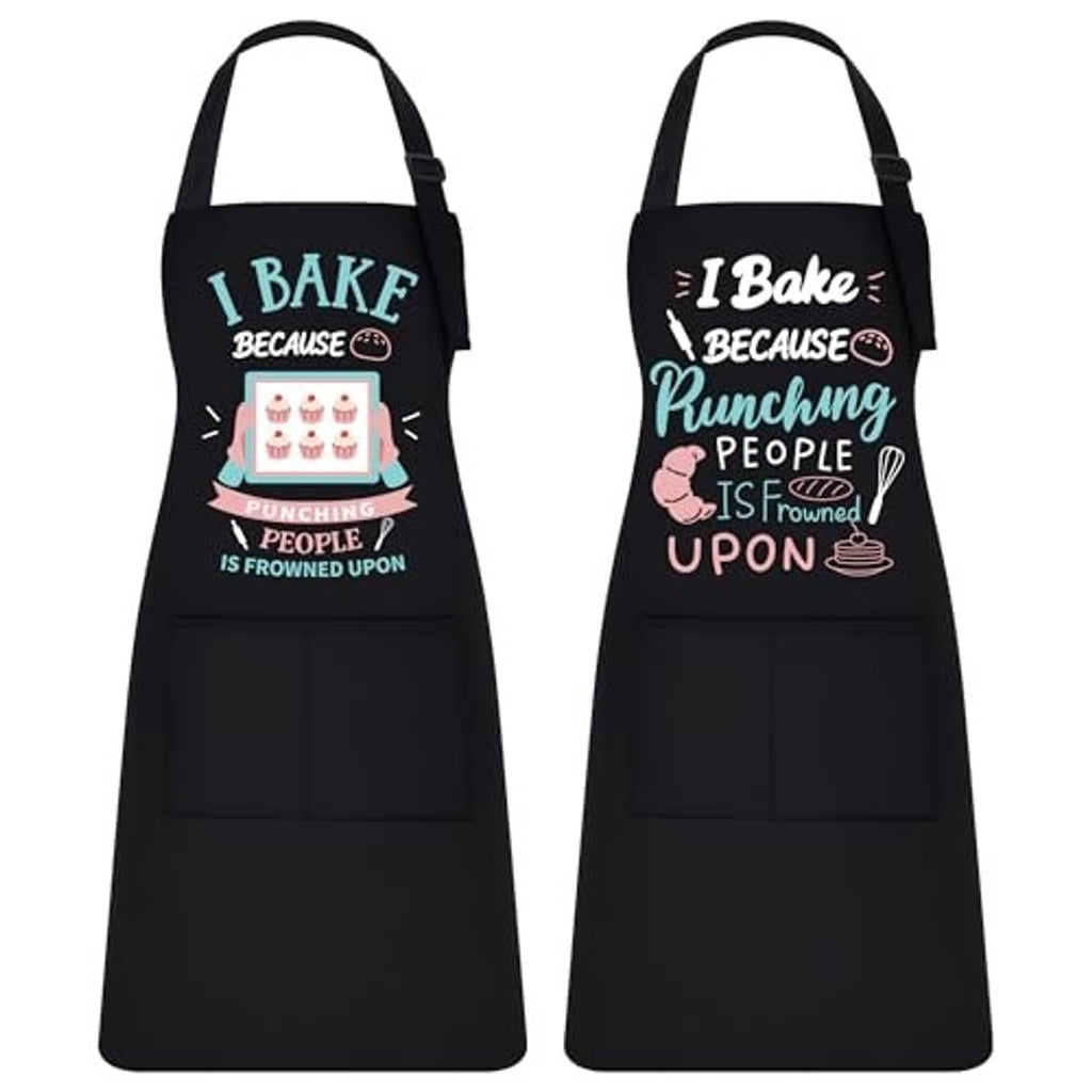 Black baking apron with colorful I Bake 'Punching People' slogan, front pocket, neck strap