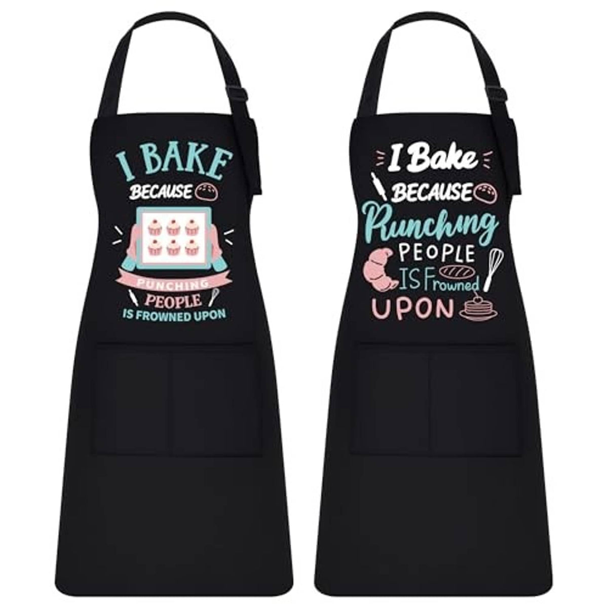 Black baking apron with colorful I Bake 'Punching People' slogan, front pocket, neck strap