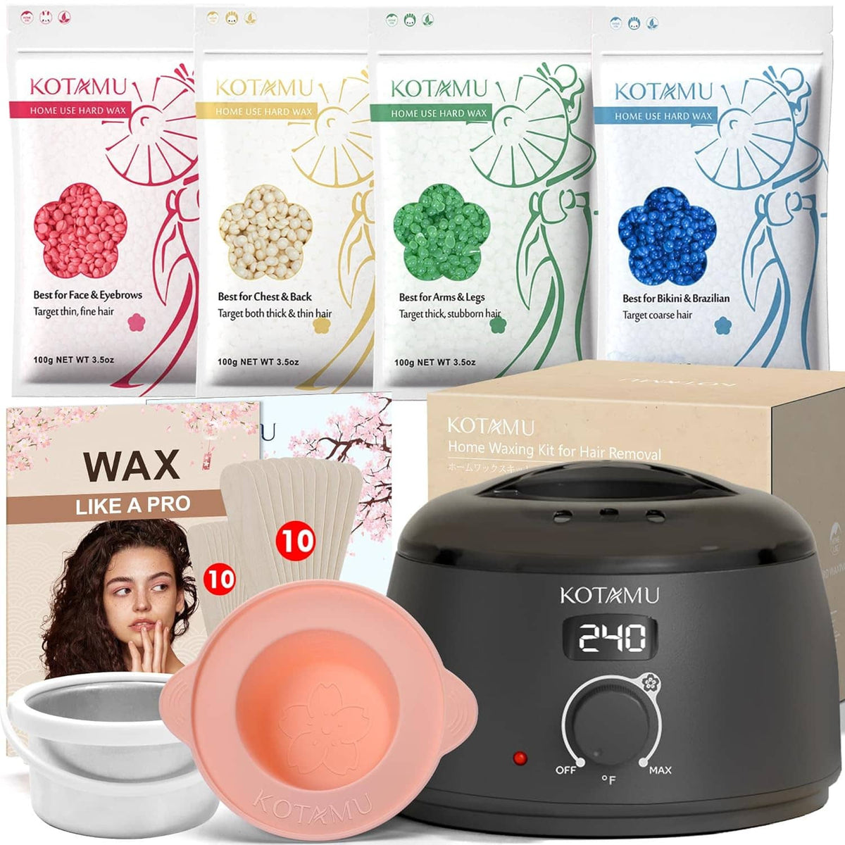 Digital wax hair removal kit: dark warmer, pink wax pot, wax beads packs
