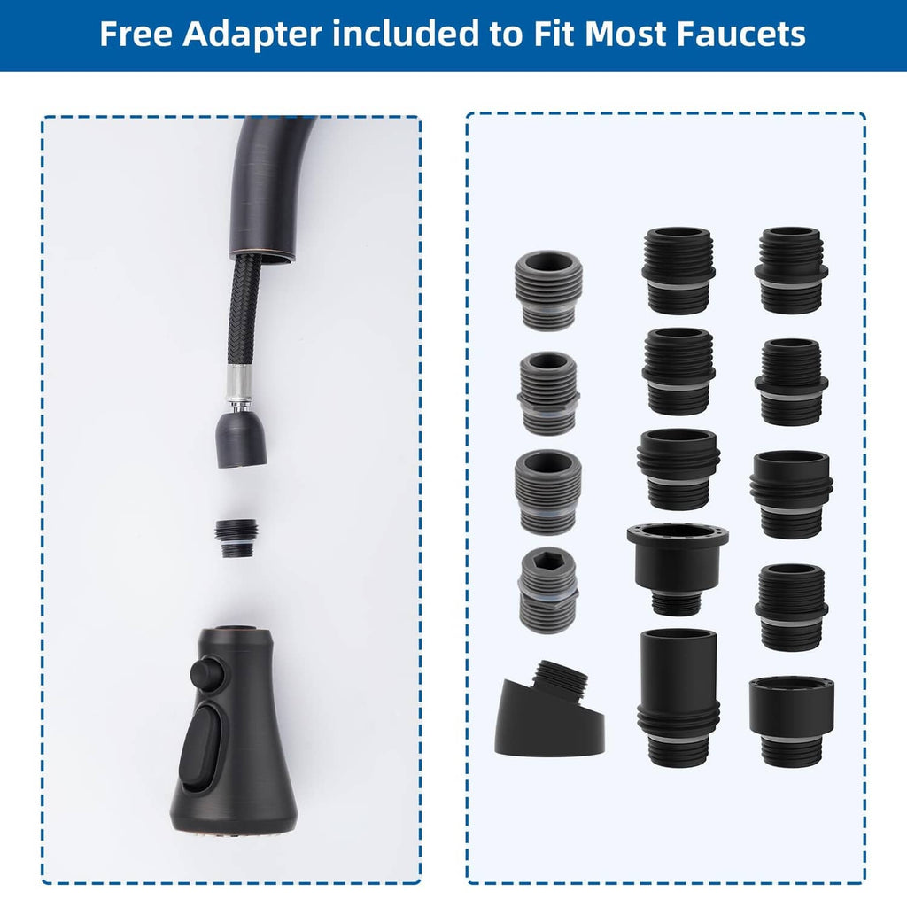 Pull-down faucet adapter kit with flexible hose connector and assorted threaded sleeves