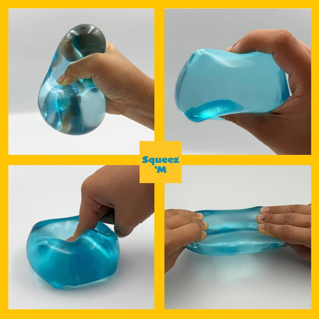 Blue Big Block stress cube held in hands, showing multiple angles