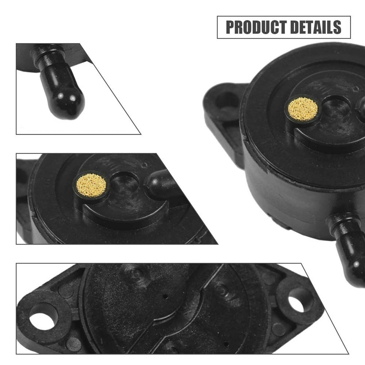 Black diaphragm fuel pump detail showing circular valve and mounting base