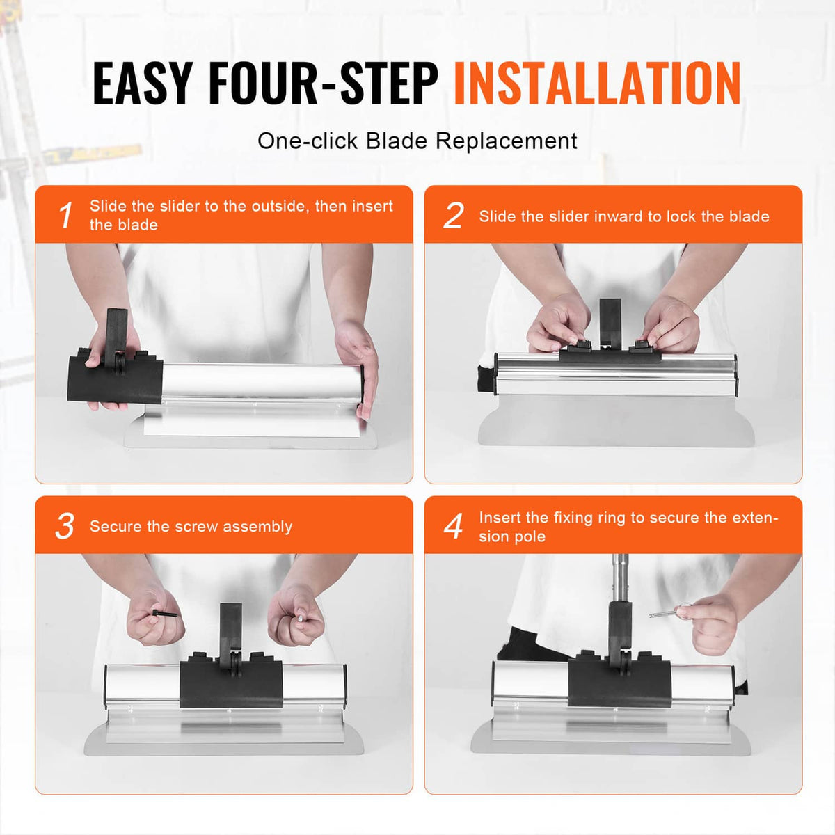Drywall scraper kit with sliding blade track, base clamp, and extension pole assembly