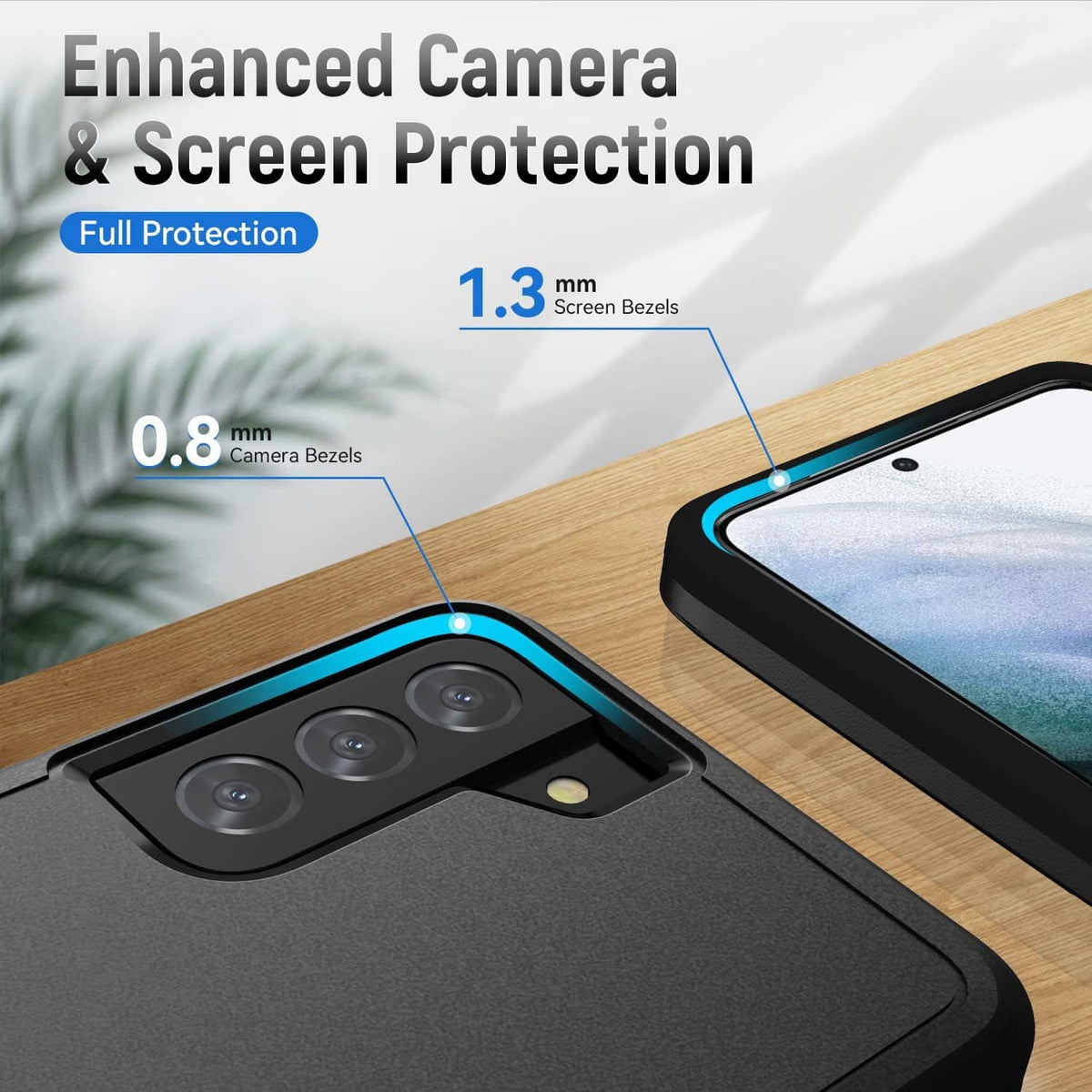 Rugged black case showing raised screen protector and camera bezel edges
