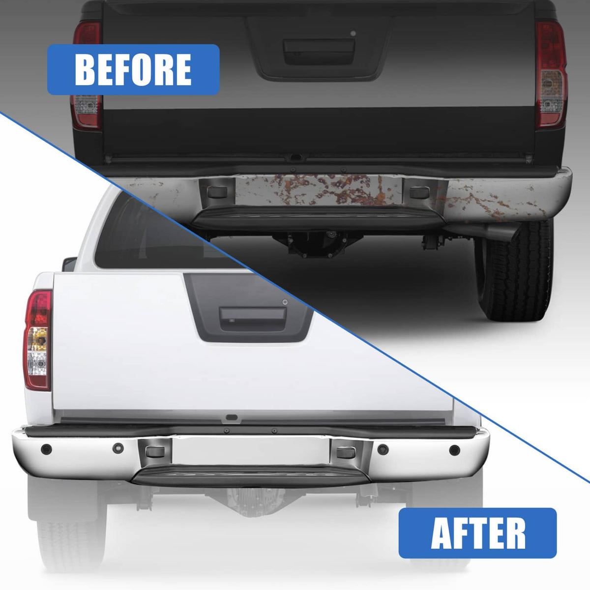 After installation: chrome rear step bumper with black step insert on vehicle