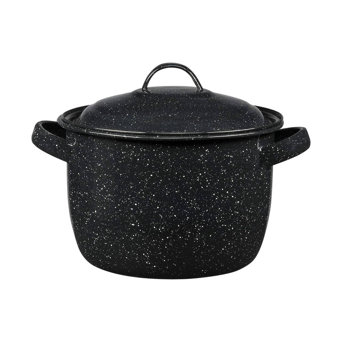 Speckled black enamel-on-steel stock pot with lid and side handles