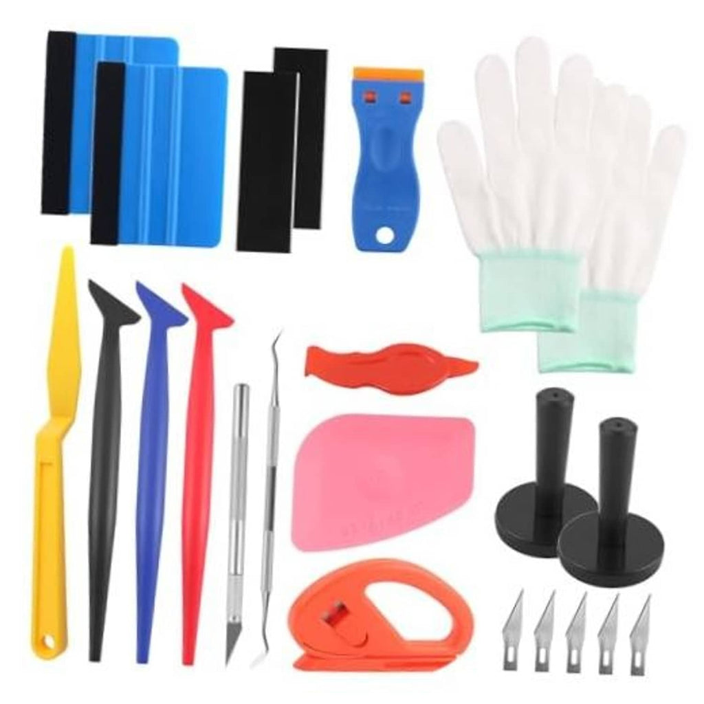 Car vinyl wrap tool kit with white gloves, squeegees, blades, and black magnet bases