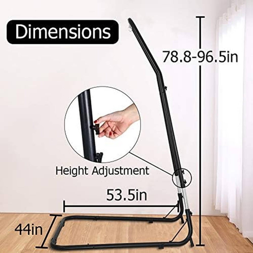 Adjustable height hammock chair stand with measured base and leg positions
