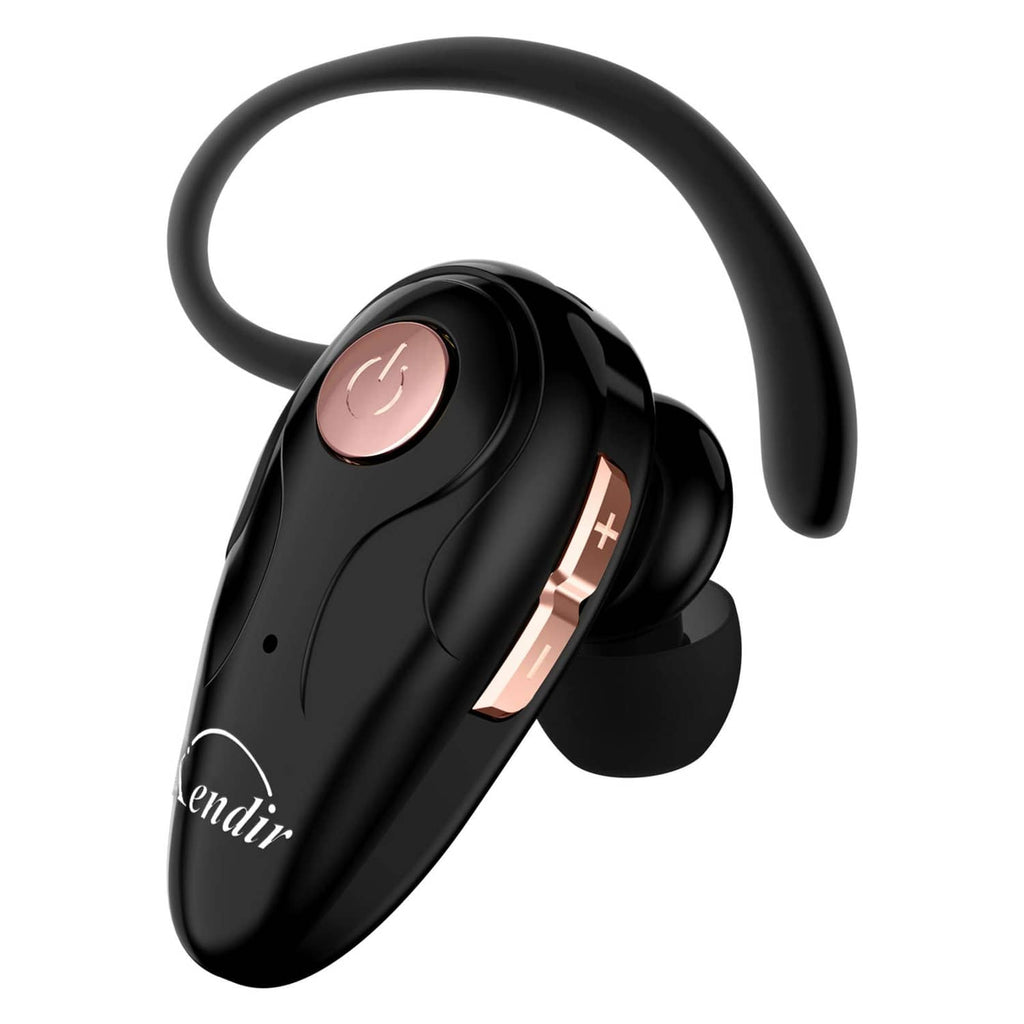 Black wireless headset close-up with control button and in-ear earbud