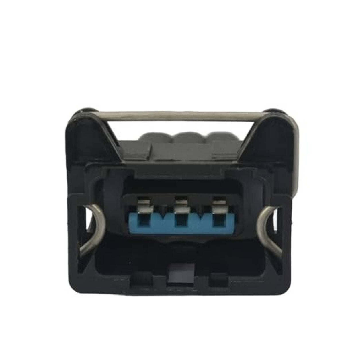 4-pin wiring harness pigtail connector with blue insert, black housing and metal bracket
