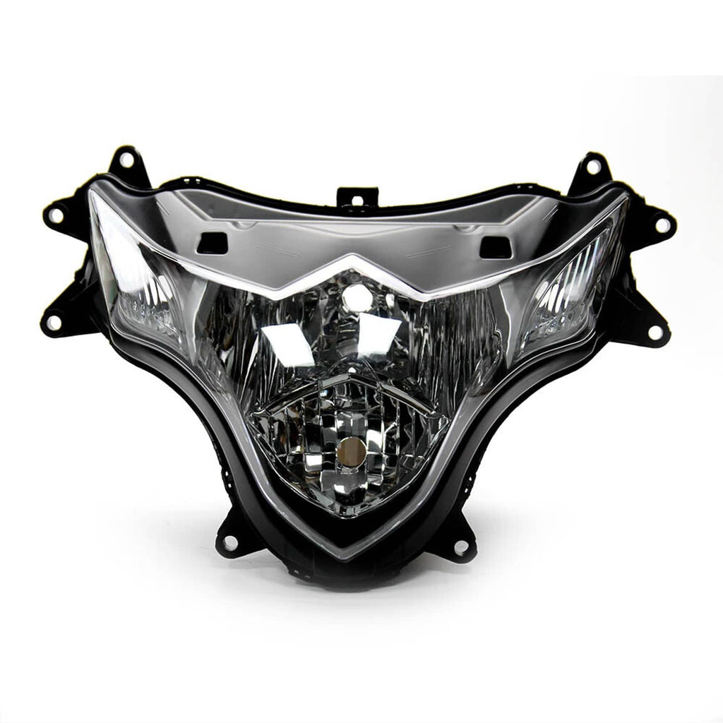 Front headlight housing assembly, clear lens with chrome reflector, black housing, front view