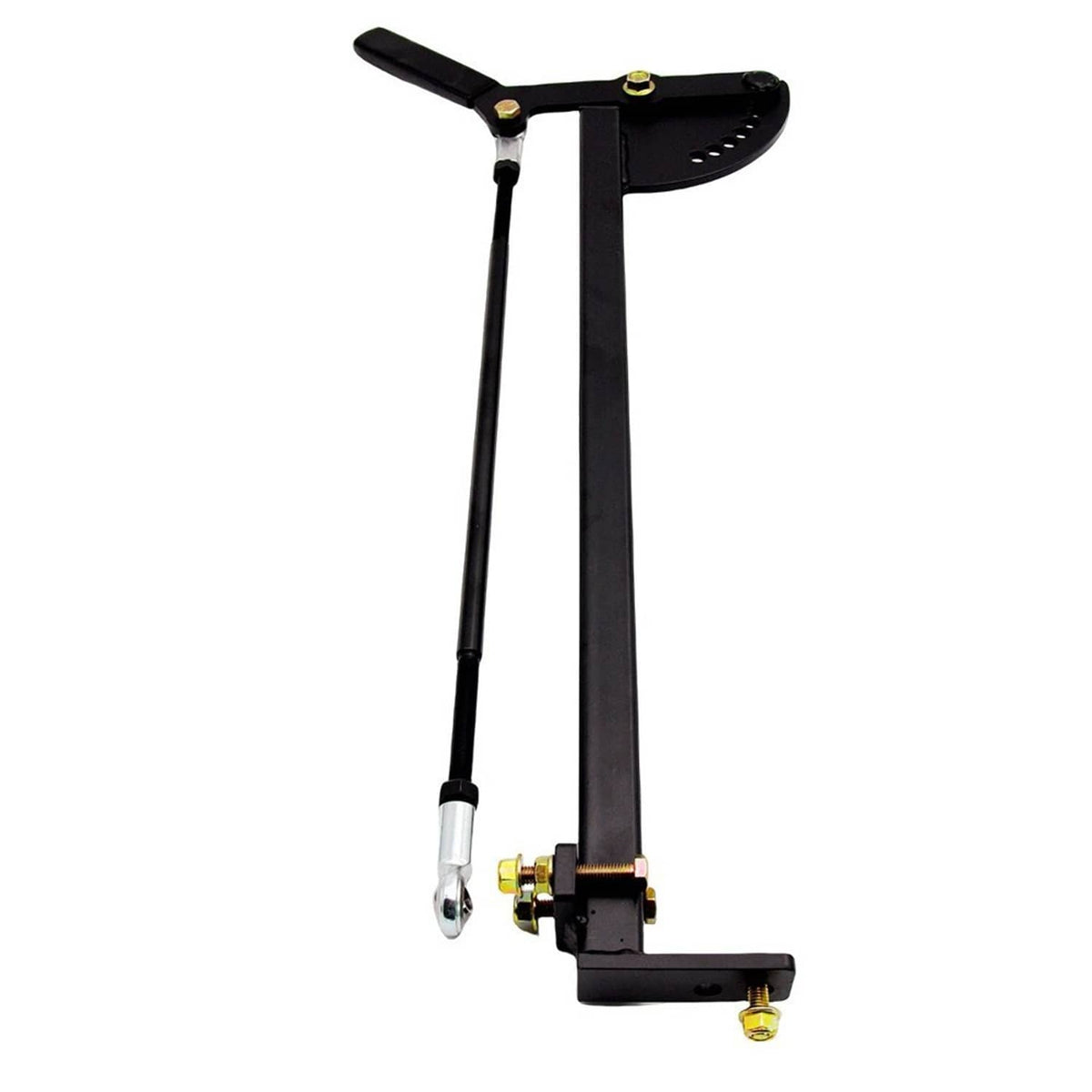 Black adjustable chute blocker arm with clamp mounts and gold hardware