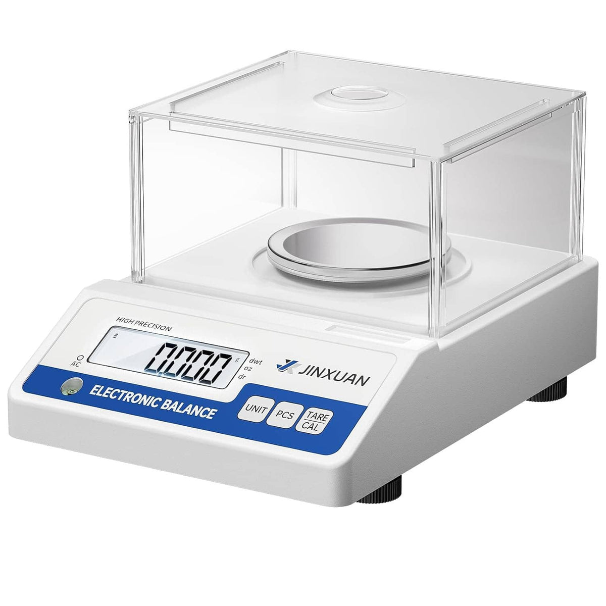 Electronic balance scale with LCD display and clear wind shield on metal platform