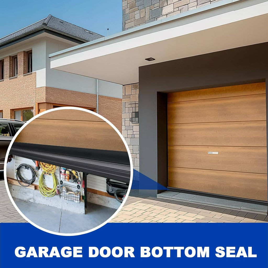 Black rubber garage door bottom seal installed under garage door track opening