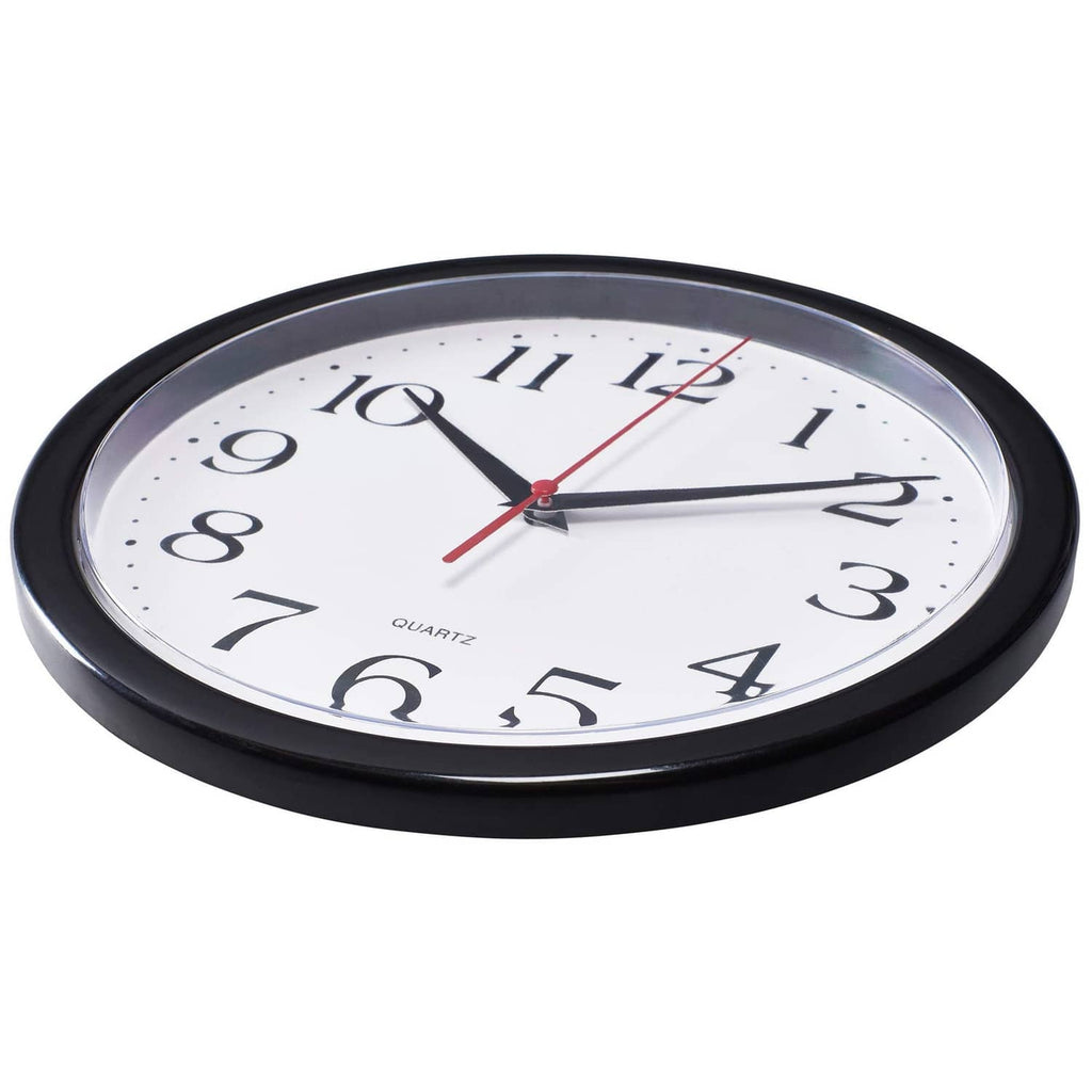 Round black wall clock with white face, red second hand, black Arabic numerals