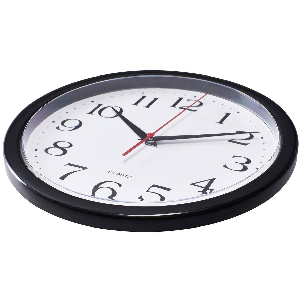 Round black wall clock with white face, red second hand, black Arabic numerals