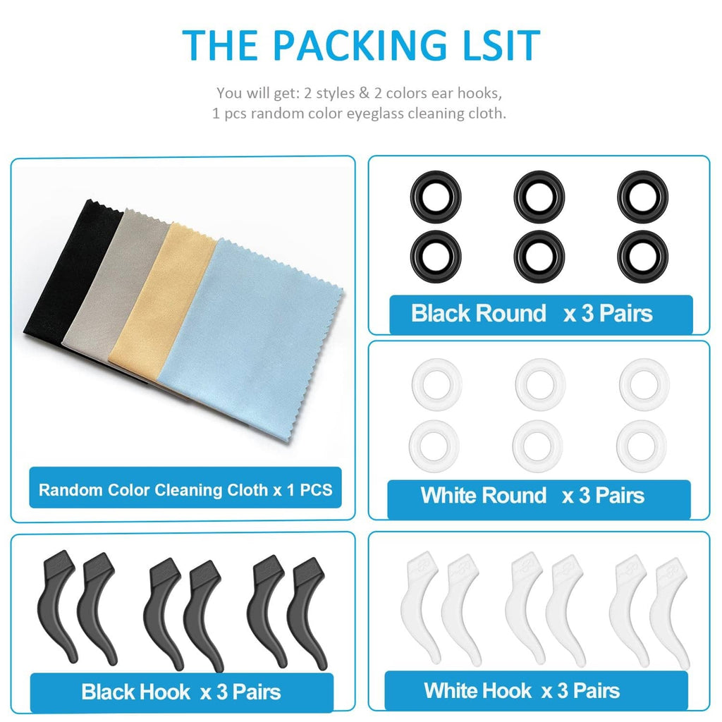 Eyeglass ear grips packaging with black and white hooks and cleaning cloth