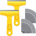 Yellow window scraper with replaceable blade holder and gray fan-shaped blade set