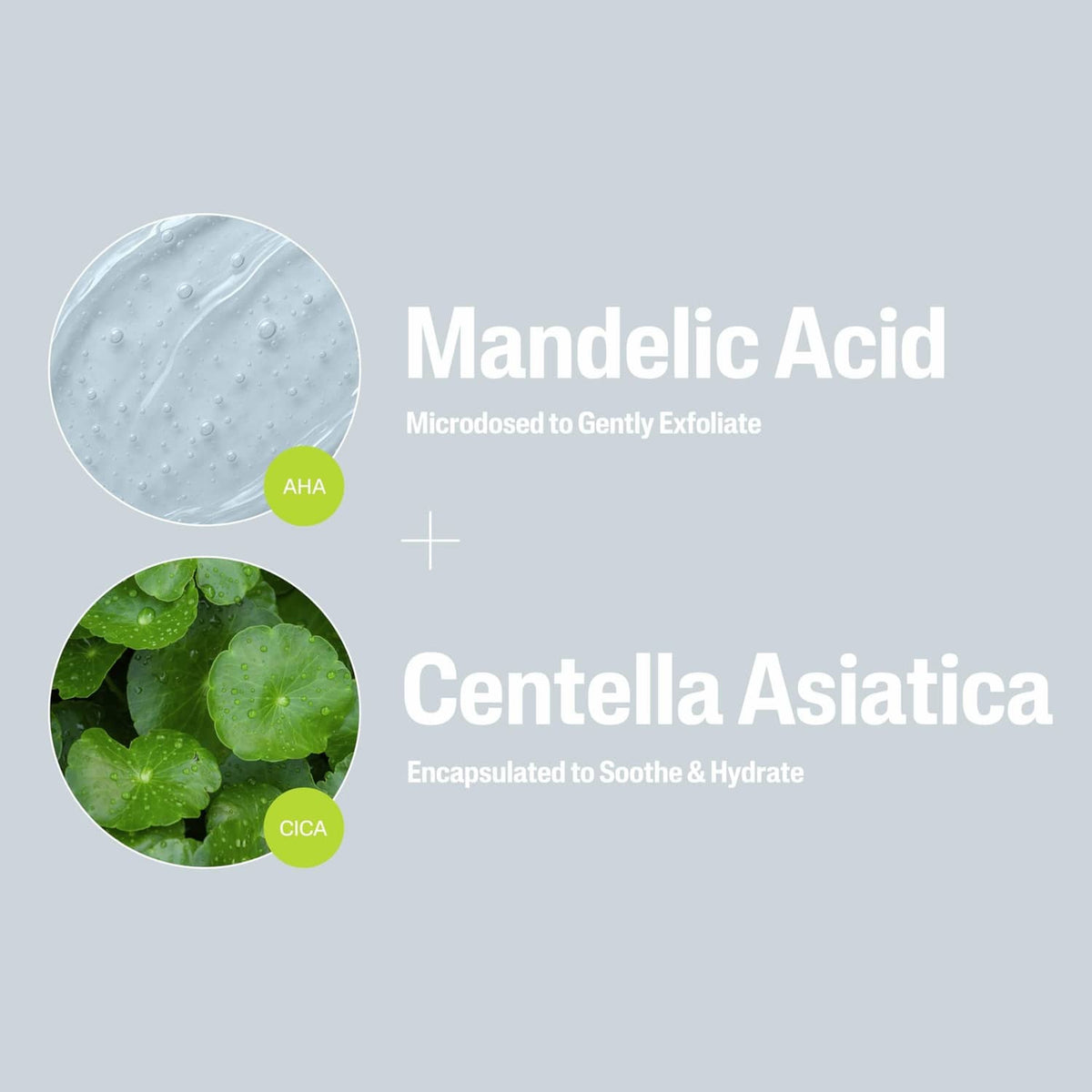 Ingredient feature graphic for hydrating & firming cream, showing Mandelic Acid and Centella