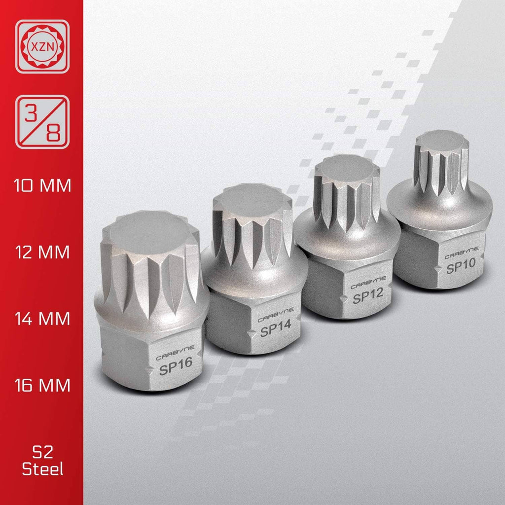S2 steel triple-square socket bits, silver finish, marked SP10, SP12, SP14, SP16