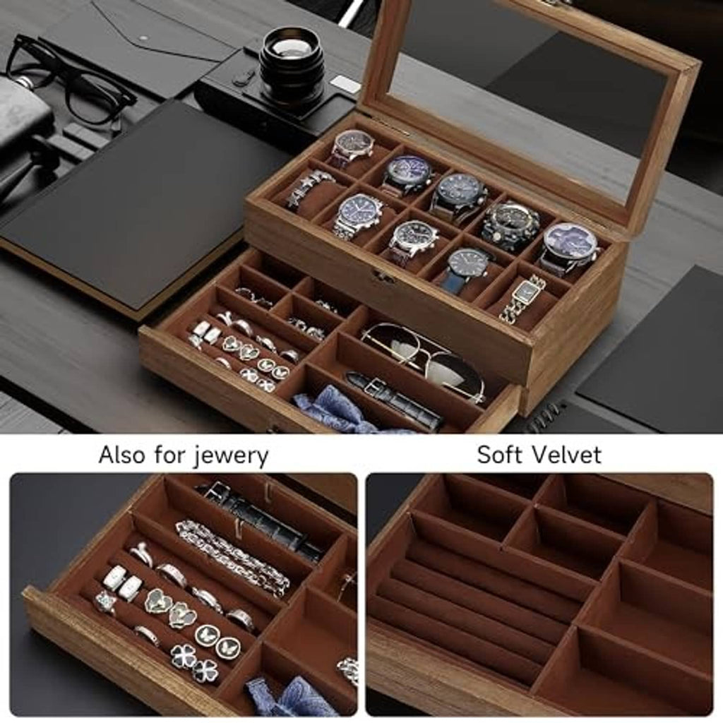 Walnut 2-tier watch case with glass lid, divided compartments for watches and jewelry