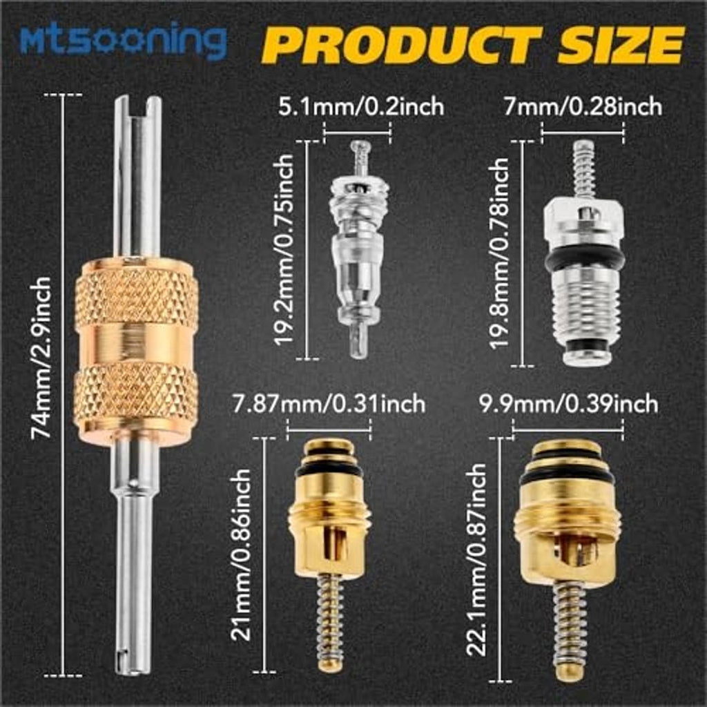 Brass and silver A/C service valve cores with threaded stems and metal port fittings