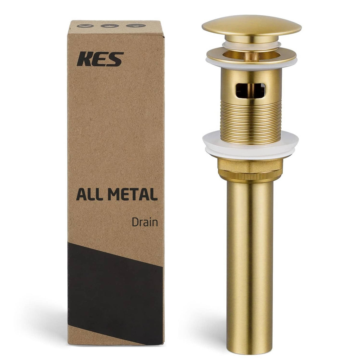 Brushed gold all-metal pop-up sink drain with overflow