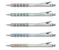 Automatic drafting pencil with metal tip and patterned grip, multiple colors shown