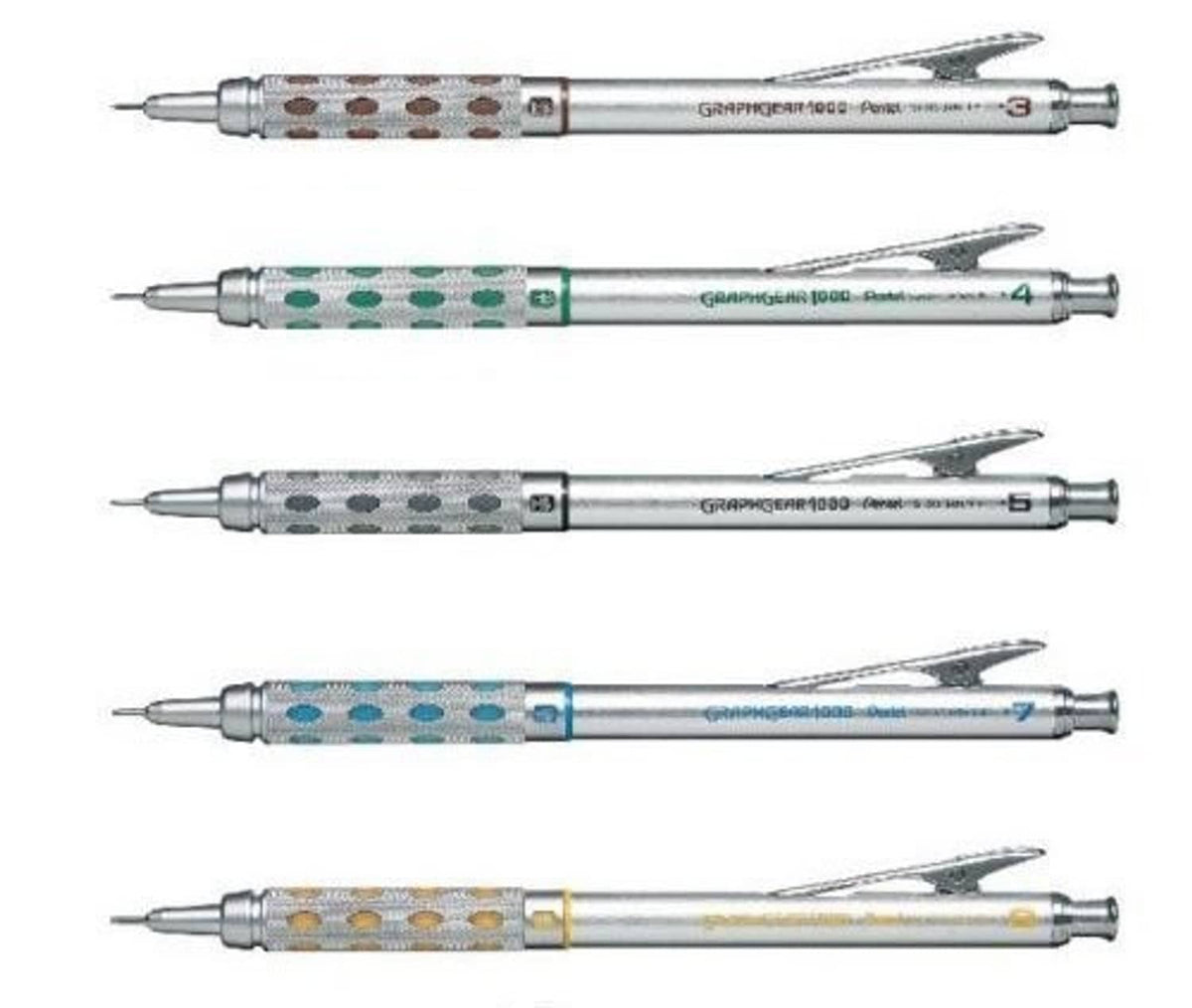 Automatic drafting pencil with metal tip and patterned grip, multiple colors shown