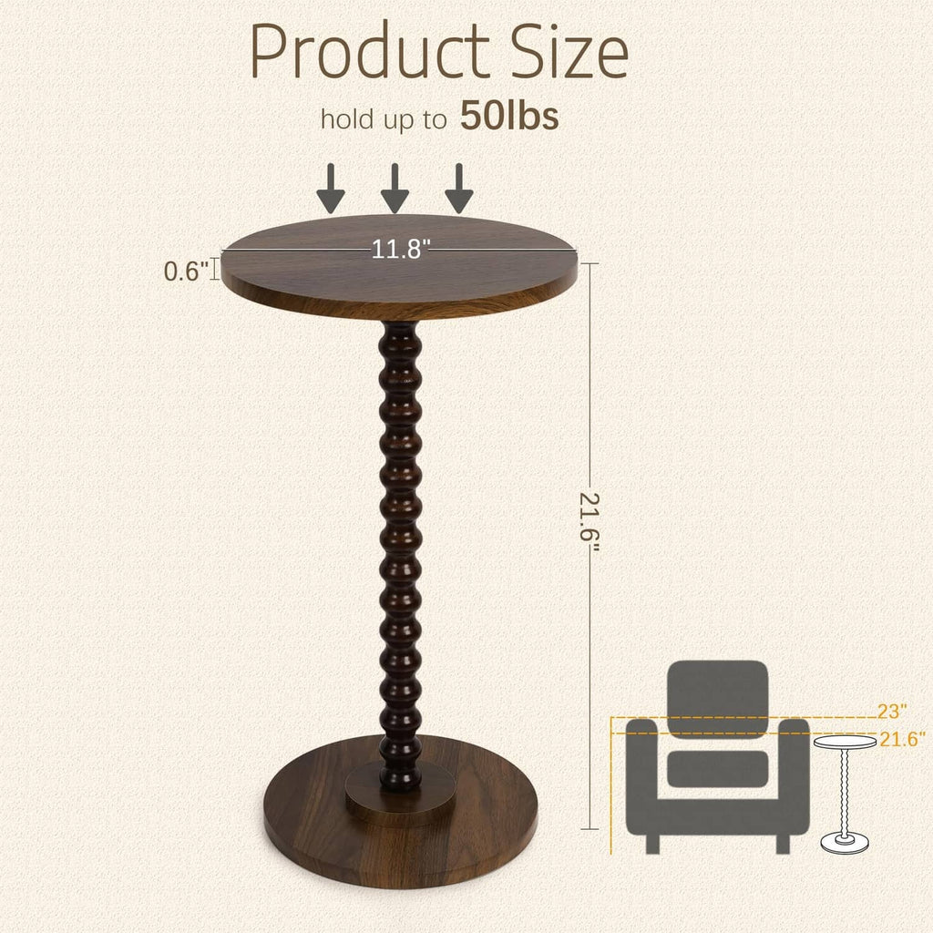 Rustic brown round top pedestal side table with base, shown with size indicators