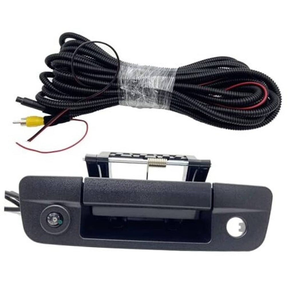 Black tailgate backup camera handle with wiring harness and connector cables
