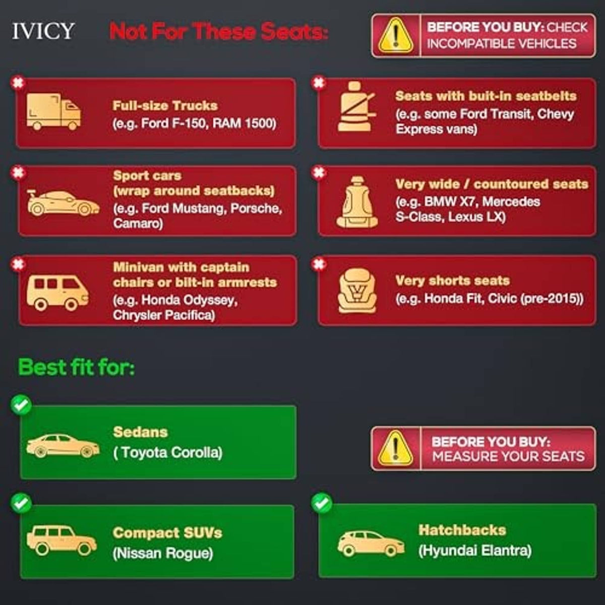 Car seat cover compatibility chart listing best-fit vehicles like sedans and compact SUVs