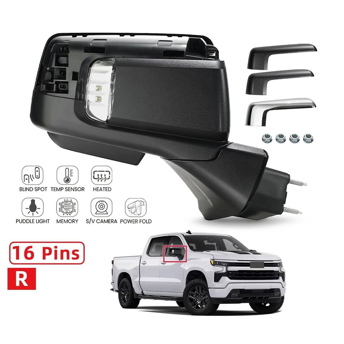 Heated passenger-side mirror camera kit with heated housing and included 16-pin connector