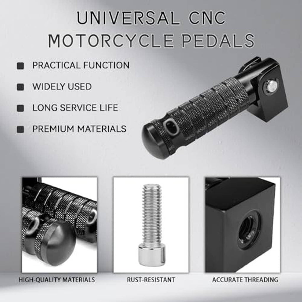 Black CNC-style foot pegs with textured grips, mounting blocks, and included bolts
